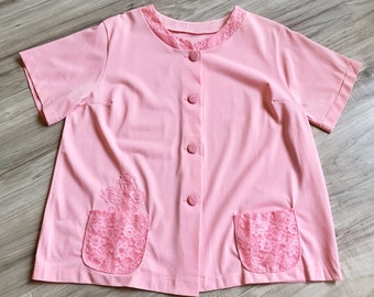 60s Pink Nylon Lace Applique PJ Top + Pockets S M