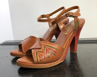 70s Wood Heel Leather Huarache Sandals + Box DEADSTOCK Brazil 7