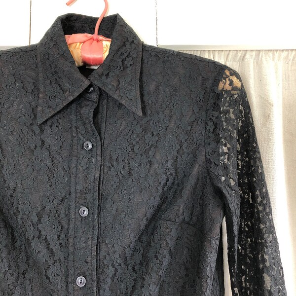 60s Black Lace Semi Sheer Dagger Collar Top XS