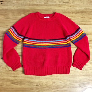 Vintage 70s Kids Red Rainbow Stripe Pullover Sweater