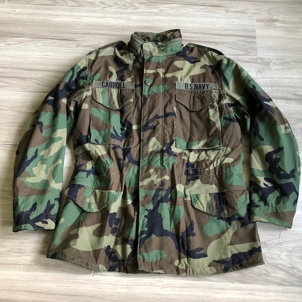 80s Heavyweight M65 Camouflage Coat Hidden Hood + US Navy Patch