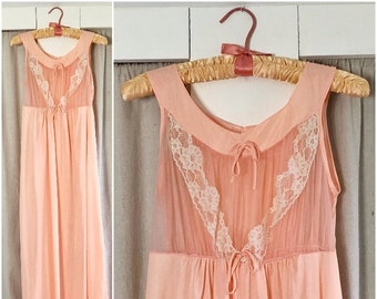 60s/70s Peach Nylon Chiffon + Lace Sheer Top Maxi Nightgown XS