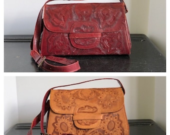 60s/70s REVERSIBLE Tooled Leather Shoulder Bag Handbag