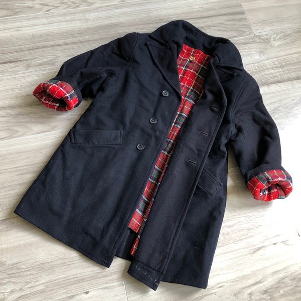 Caban vintage en laine pour enfants des années 50, doublure écossaise en tartan + plusieurs poches