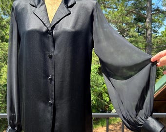 Vintage 90s/Y2K Black Silk Satin Sheer Balloon Sleeve Blouse S M