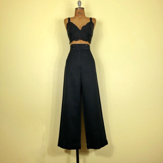 80s Black High Waist Wide Leg Sailor Pants S