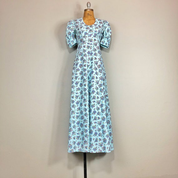 60s Cotton Floral Puff Sleeve Prairie Maxi Dress S