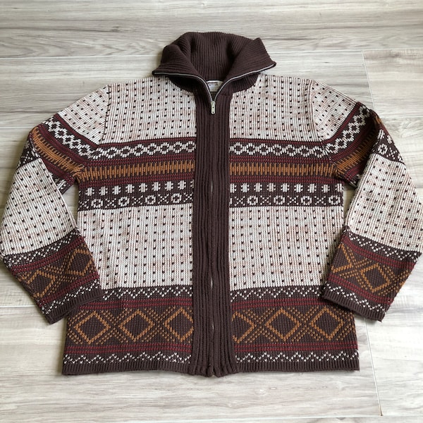 60s/70s Brown Geometric Pattern Nordic Look Zip Front Cowl Neck Cardigan Sweater