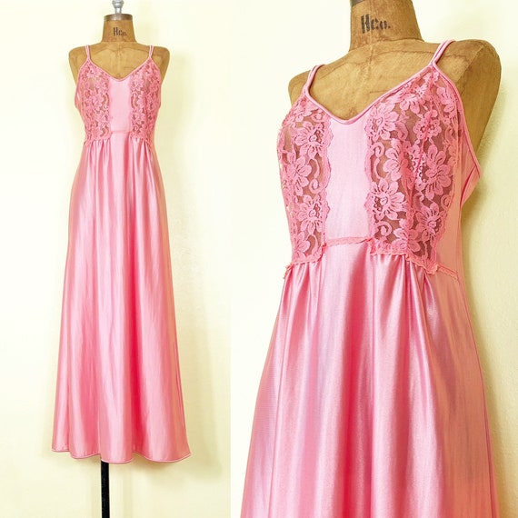 70s Shiny Coral Maxi Slip Dress Negligee Gown Sheer Lace - Etsy