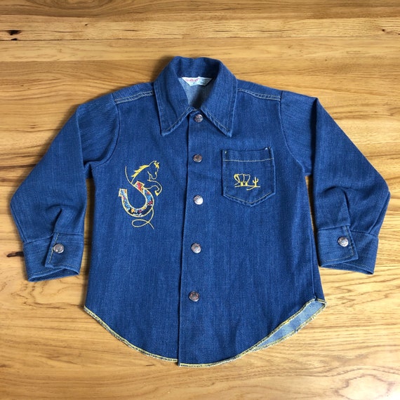 70s Kids Western Denim Horseshoe Patch + Embroidered … Gem