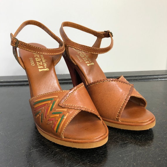 70s Wood Heel Leather Huarache Sandals + Box DEAD… - image 6