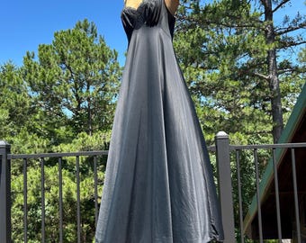 Vintage 70s Floral Embroidered Empire Waist Grecian Sweeping Maxi Gown S