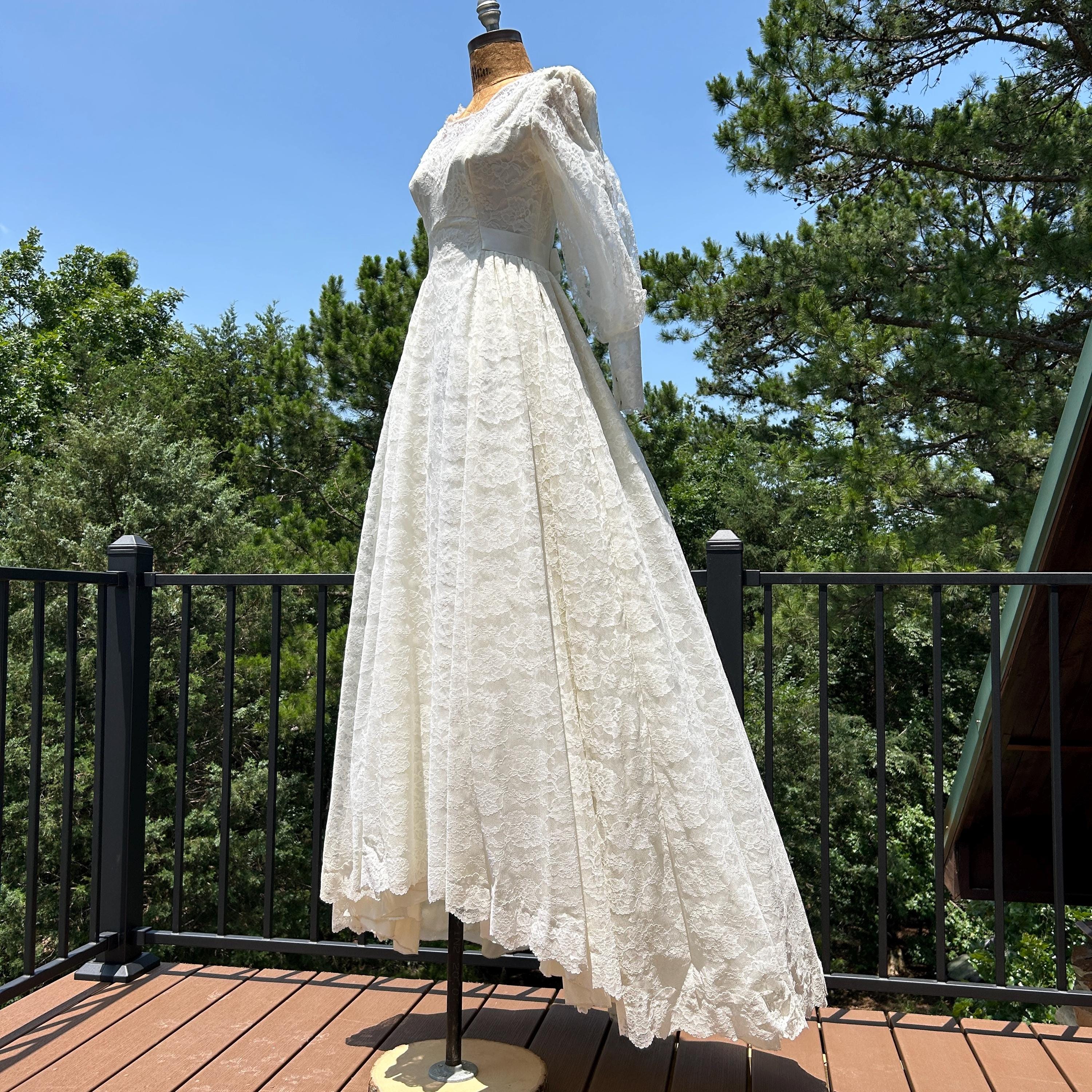 Vintage 60s Lace Empire Waist Bishop Sleeve Full Skirt Wedding Dress with Train XS S