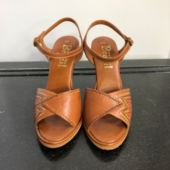 70s Wood Heel Leather Huarache Sandals + Box DEAD… - image 7