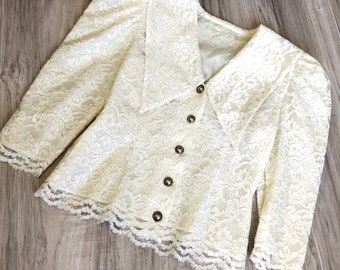 80s Ivory Lace Puff Sleeve Sailor Collar Top XS S