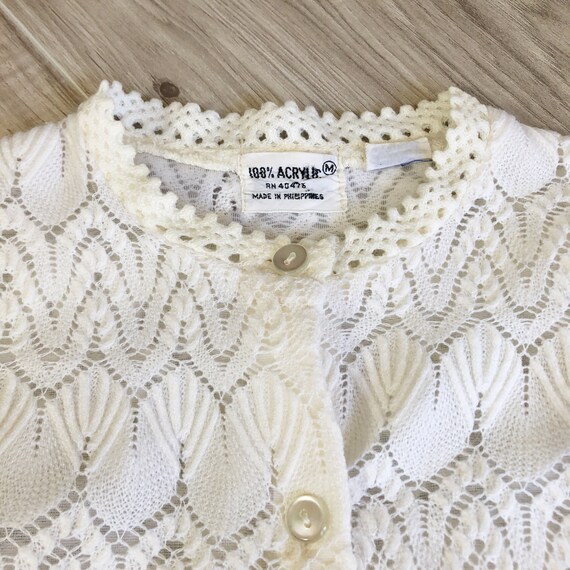 60s White Crochet Cardigan Sweater Blouse XS S - image 5