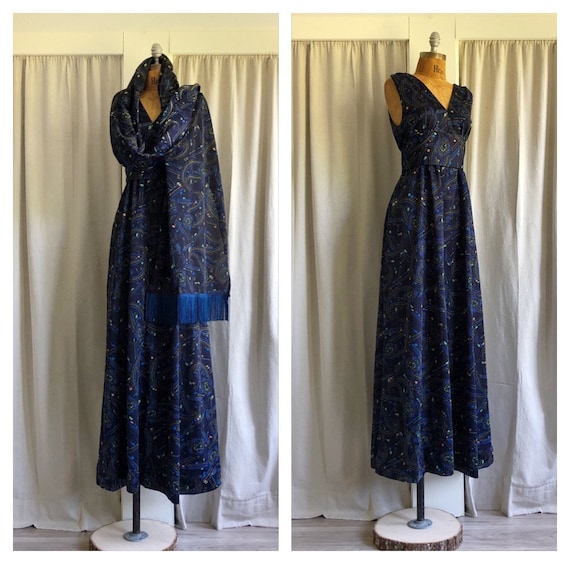 Vintage 60s Psychedelic Corset Waist Maxi Dress Matching Tassel Trim Pashmina Style Shawl S Etsy Israel