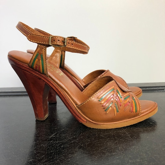 70s Wood Heel Leather Huarache Sandals + Box DEAD… - image 2