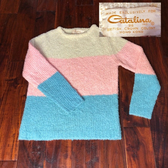 50s/60s Catalina Nubby Knit Pink Cream + Baby Blu… - image 1