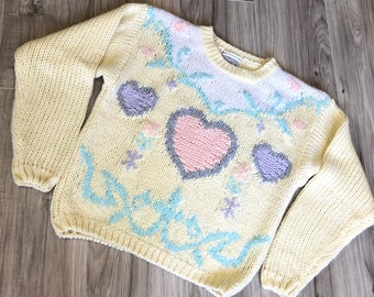 80s Chunky Handknit Novelty Hearts Sweater S