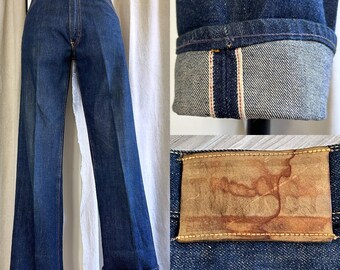 Vintage 40s/50s Tuf Nut Redline Selvedge Sanforized Dark Denim Leather Patch Jerky Tag Jeans 27 x 31