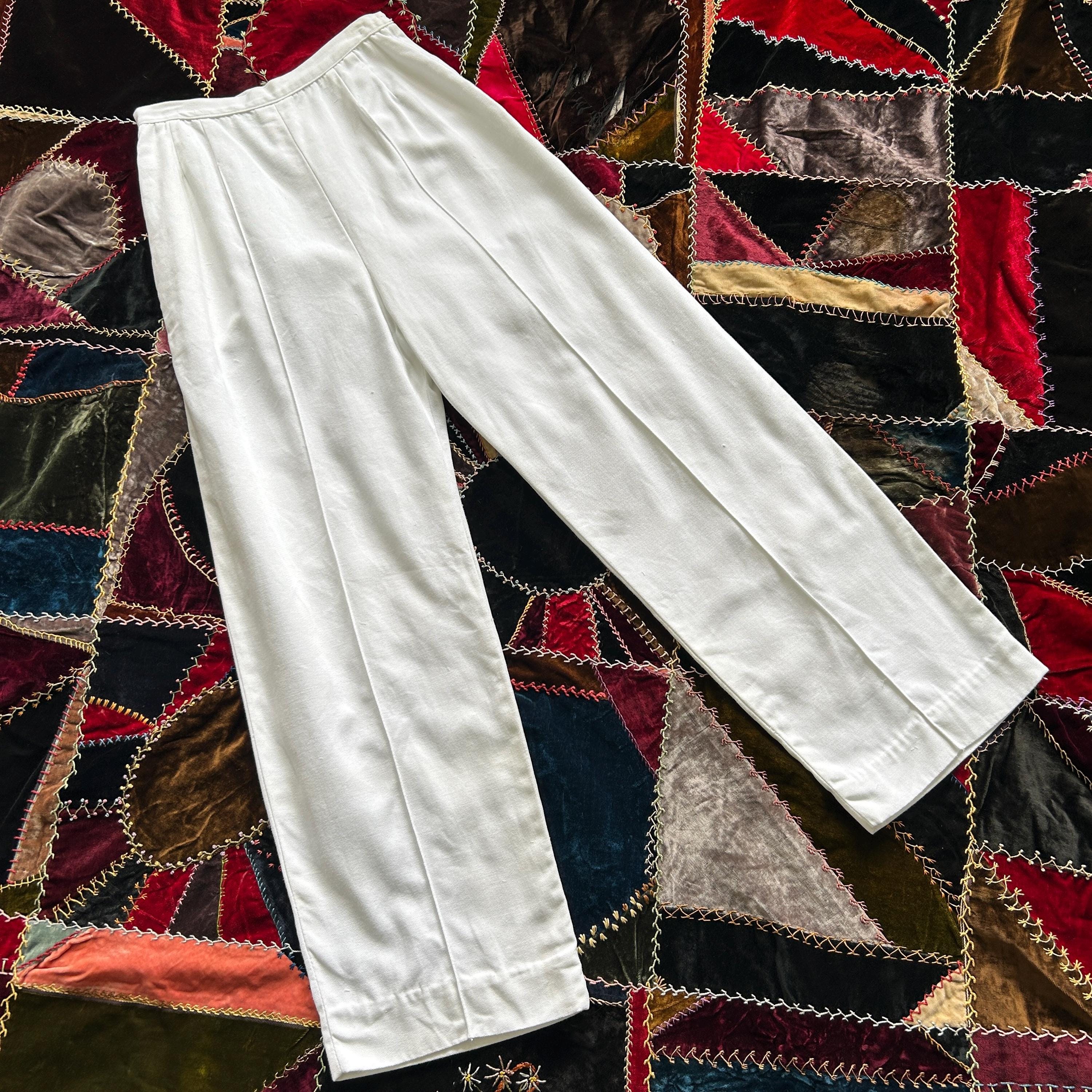 Vintage 50s White High Waist Side Zip Cropped Wide Leg Pants Clam Digger Pants XXS