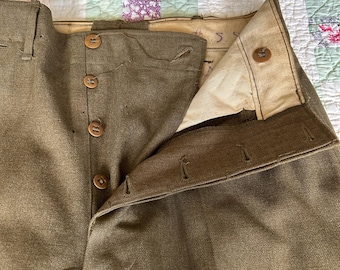 Vintage jaren 40 THRASHED WWII militaire wollen cropped broek met hoge taille, knoopsluiting, 30 x 26