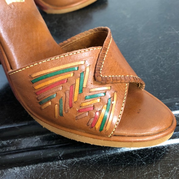 70s Wood Heel Leather Huarache Sandals + Box DEAD… - image 4