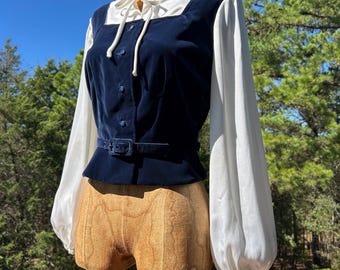 Vintage 70s Victor Costa Blue Velvet + Satin Balloon Sleeve Belted Waistcoat Blouse S