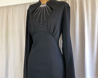 60s Rhinestone Poly Knit Empire Midi Shift Dress L