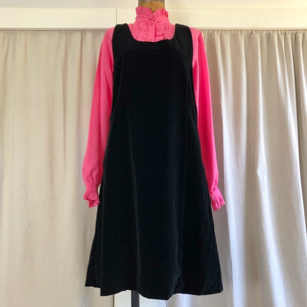 90s Black Velvet Jumper Dress S M