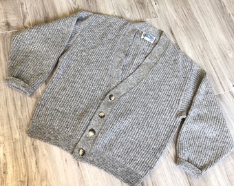 80s Heather Grey Wool Ribbed Knit Grandpa Cardigan USA L