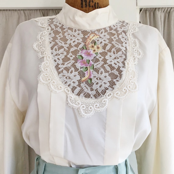 80s Victorian Inspired Embroidered Lace Bib Blous… - image 1