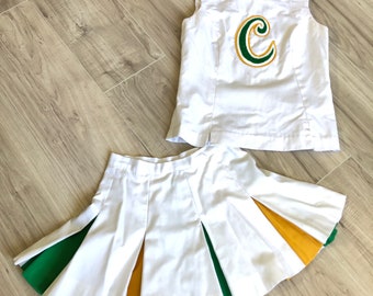 60s Cheer Uniform Set Chenille Letter Top + Pleated Peek-a-Boo Mini Skirt XS