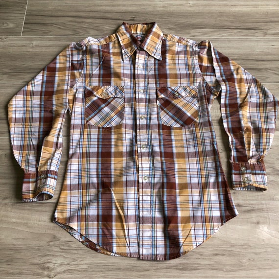 80s Levi's Brown Plaid Western Oxford Button Down… - image 1