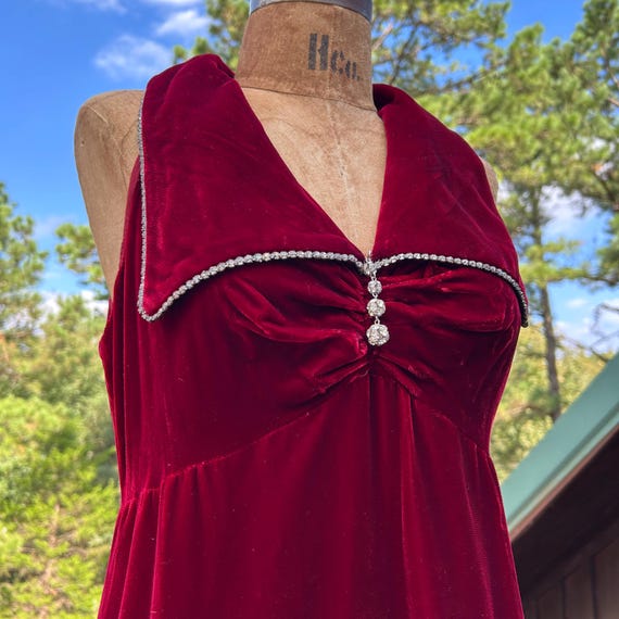 Vintage 60s Blood Red Velvet + Rhinestone Statement Collar Empire Maxi Dress XS S