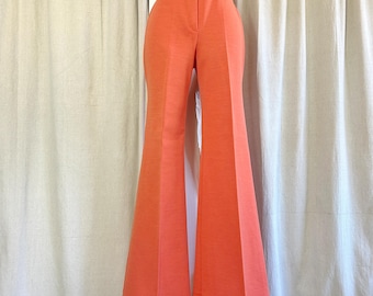 Vintage 70s Peachy Coral Knit High Waist Extra Wide Bell Bottom Flare Pants 26 x 31