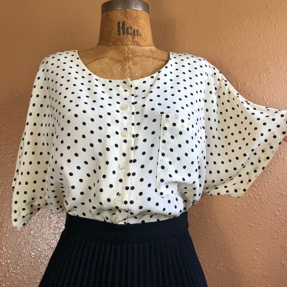 90s Silk Two Tone Polka Dot Box Cut Blouse S M L - image 2