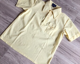 70s Pastel Yellow Knit Dagger Collar Shirt M