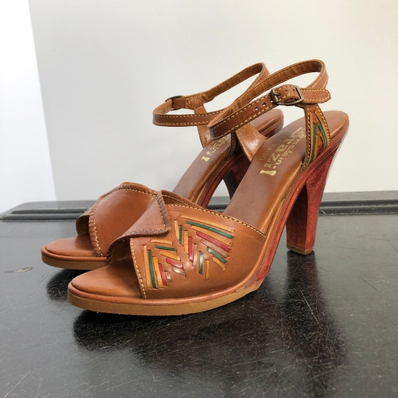 70s Wood Heel Leather Huarache Sandals + Box DEAD… - image 1