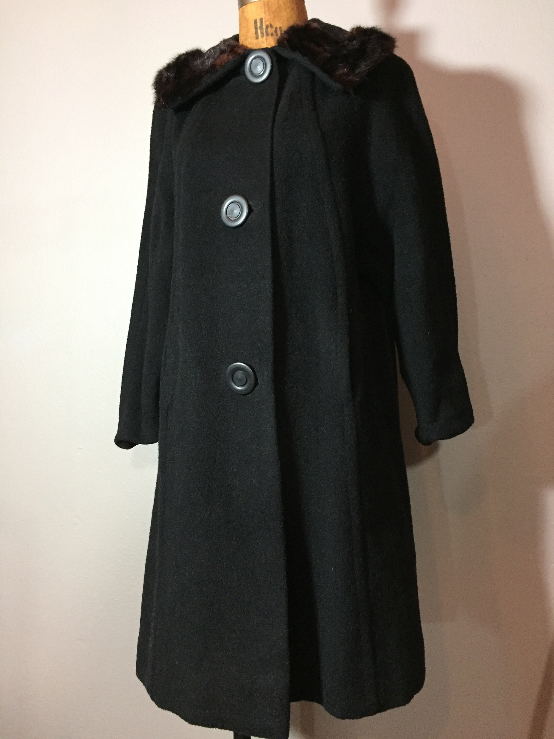 50s Black Wool Genuine Fur Collar Swing Coat Giant Buttons - Etsy