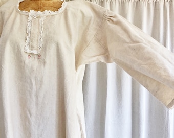 1900s Antique French Linen/Hemp Nightshirt Nightgown + Embroidered Monogram