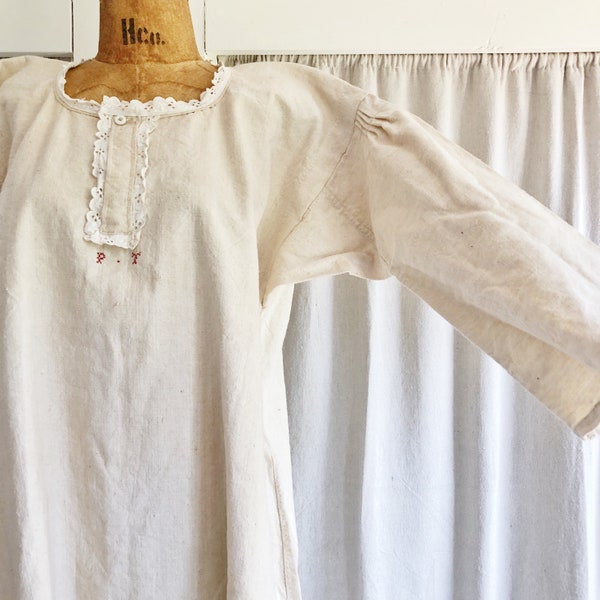 1900s Antique French Linen/Hemp Nightshirt Nightgown + Embroidered Monogram