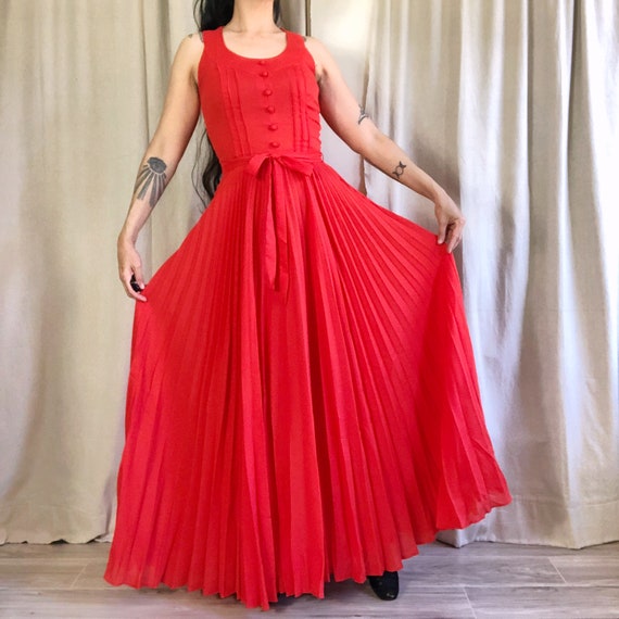 Vintage 60s Tomato Red Accordion Pleat Sweeping Maxi Gown Xs