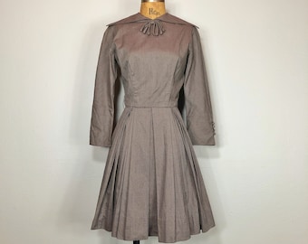 50s Pat Premo Mocha Pleated Full Circle Skirt Dress with Collar + Ascot XS