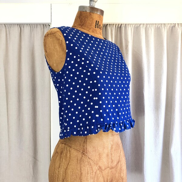 60s Lanz Polka Dot Ruffled Crop Top XS