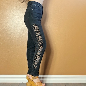 Vintage 80s RARE! Black Denim High Waist Lace Cutout Jeans S