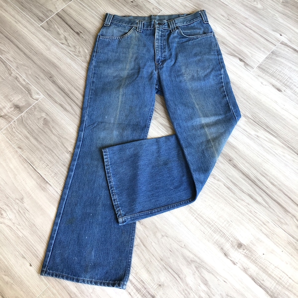 70s JC Penney Plain Pockets Mid High Waist Flared Bootcut Bell Bottom Jeans 32 x 29