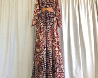 70s Kaiser Ethnic Flowy Cotton Angel Sleeve Caftan Maxi Dress S M
