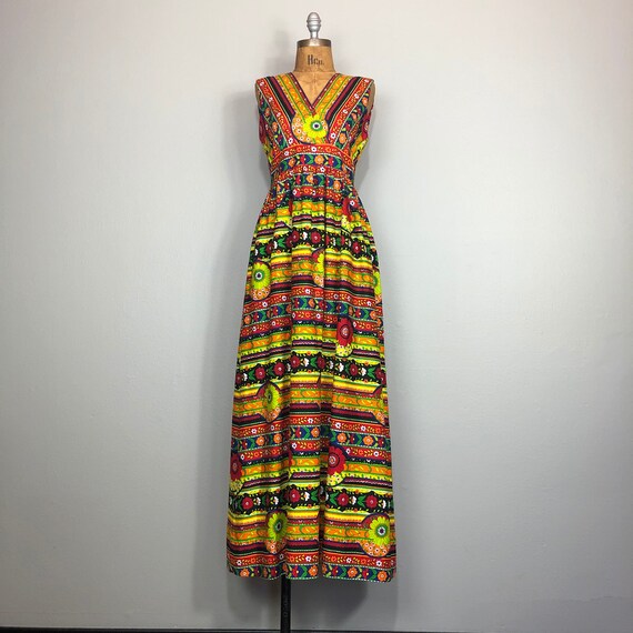60s Psychedelic Neon Barkcloth Sleeveless Maxi Dre